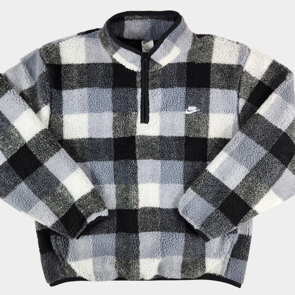 Nike Club Winterized Half-Zip Fleece Mens XL Black White Check 1/4 Zip High Pile